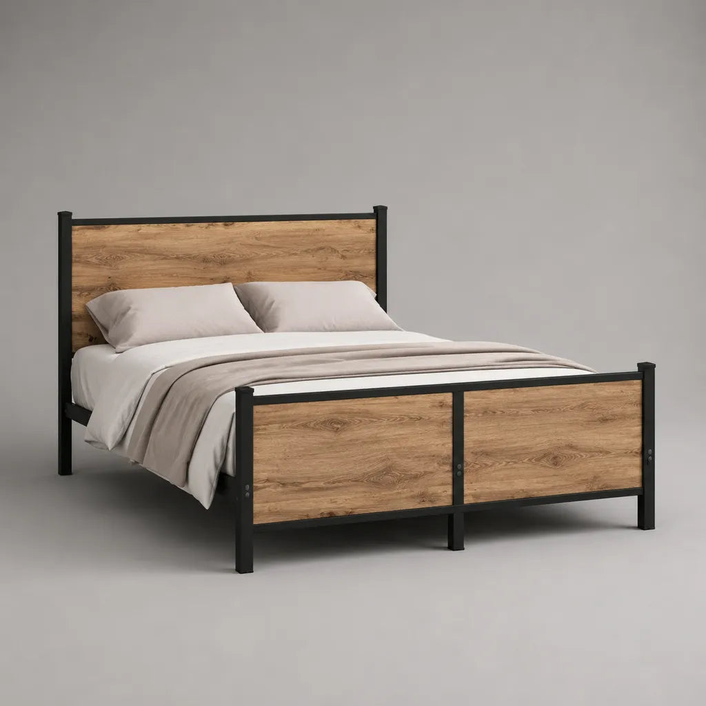 Doppelbett-Metallbettgestell aus pulverbeschichtetem Stahl und MDF, Eichefarben/Schwarz, Liegefläche 160 × 200 cm