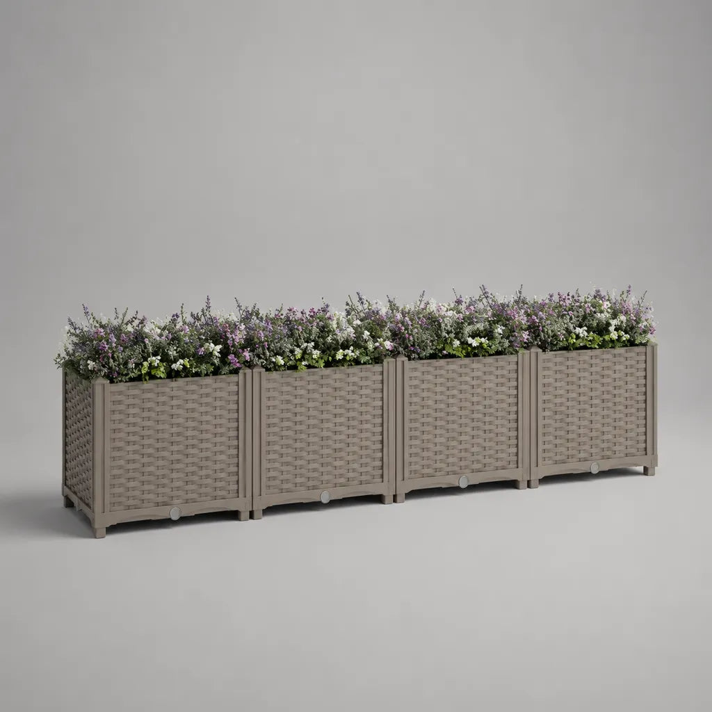 Pflanzkasten 4er-Set aus Polypropylen, rechteckig, Taupe, je 40 × 40 × 45 cm, Gesamtmaß 160 × 40 × 45 cm