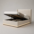 Polsterbett mit Bettkasten, Lattenrost und LED-Beleuchtung, 160 x 200 cm, Polyester und Stahl, Beige/Schwarz