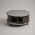 Runder Couchtisch mit Stauraum aus MDF und Stahl, Grau und Dunkelbraun, Ø 80 × H 45 cm