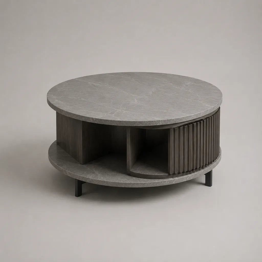 Runder Couchtisch mit Stauraum aus MDF und Stahl, Grau und Dunkelbraun, Ø 80 × H 45 cm