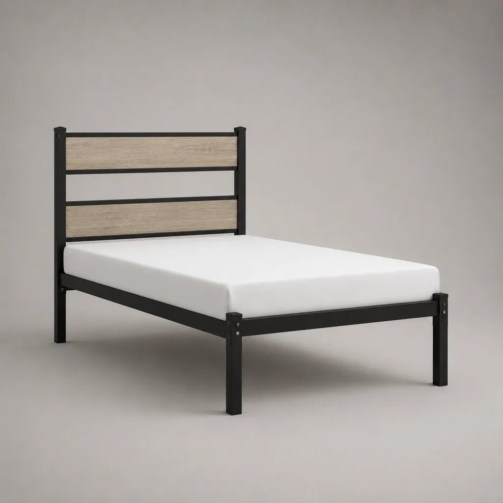 Metallbett mit Kopfteil, Stahl-Bettgestell, Liegefläche 140 × 200 cm, Schwarz/Eiche hell