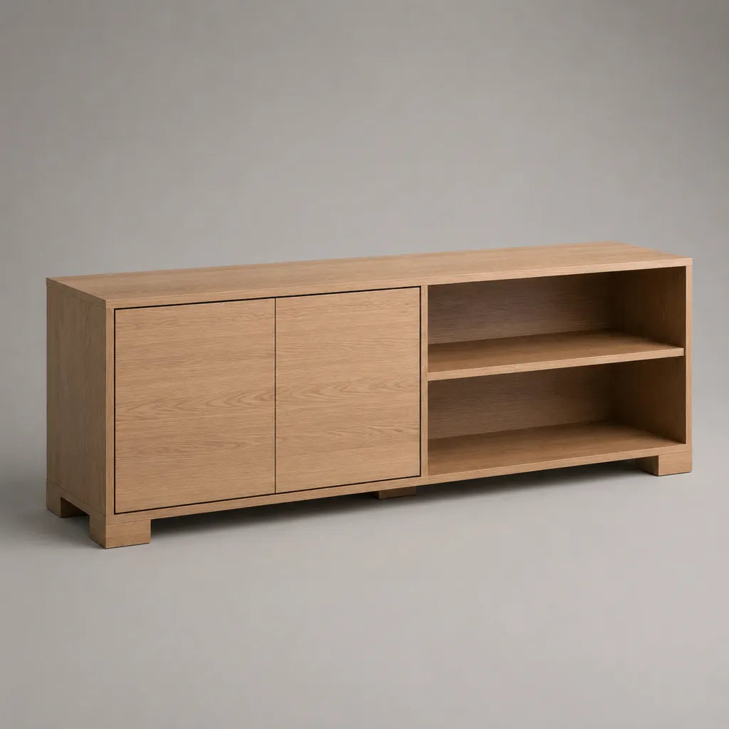 TV-Lowboard aus MDF mit Eichenfurnier, Natur/Hellbraun, 160 × 40 × 70 cm, mit 2 Türen und 2 offenen Fächern