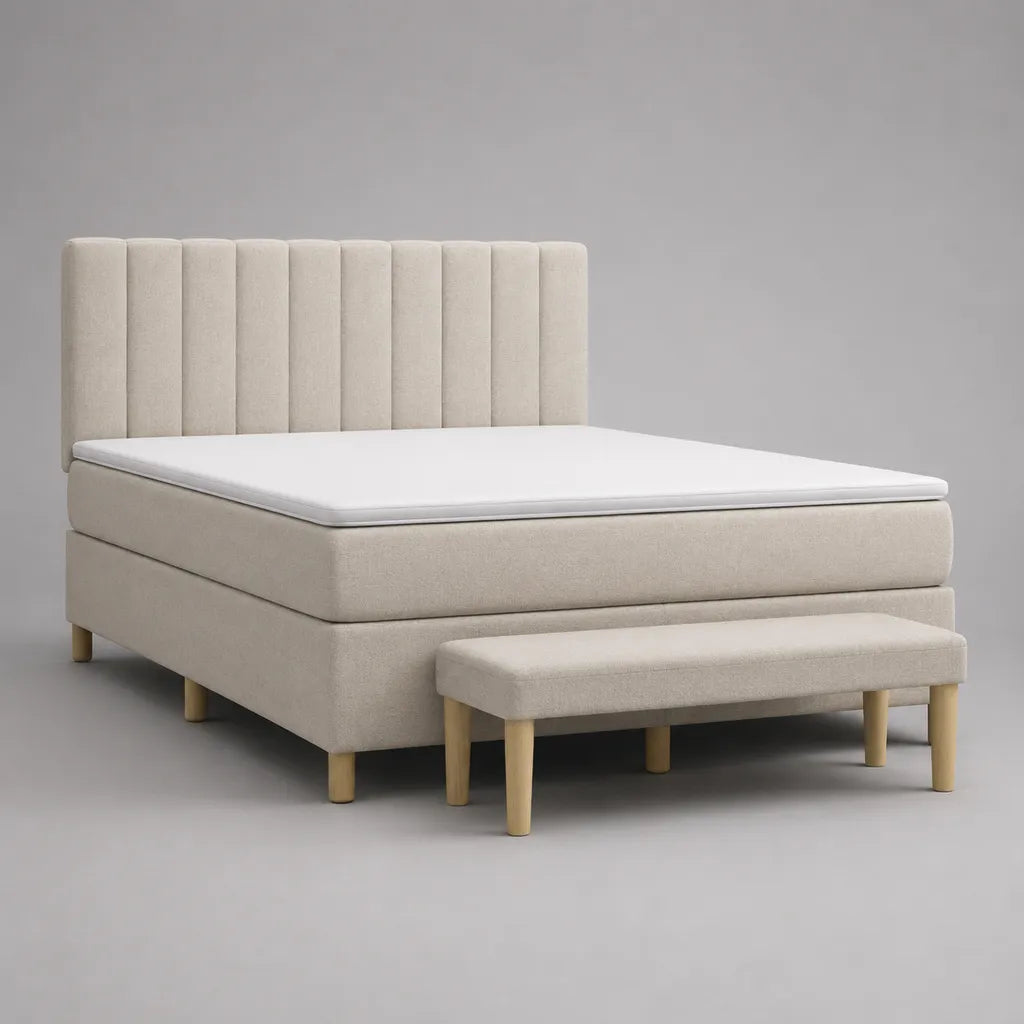 Boxspringbett-Set 180 x 200 cm mit Federkernmatratze, Topper und Sitzbank 140 x 40 x 45 cm, Polyesterbezug, Beige