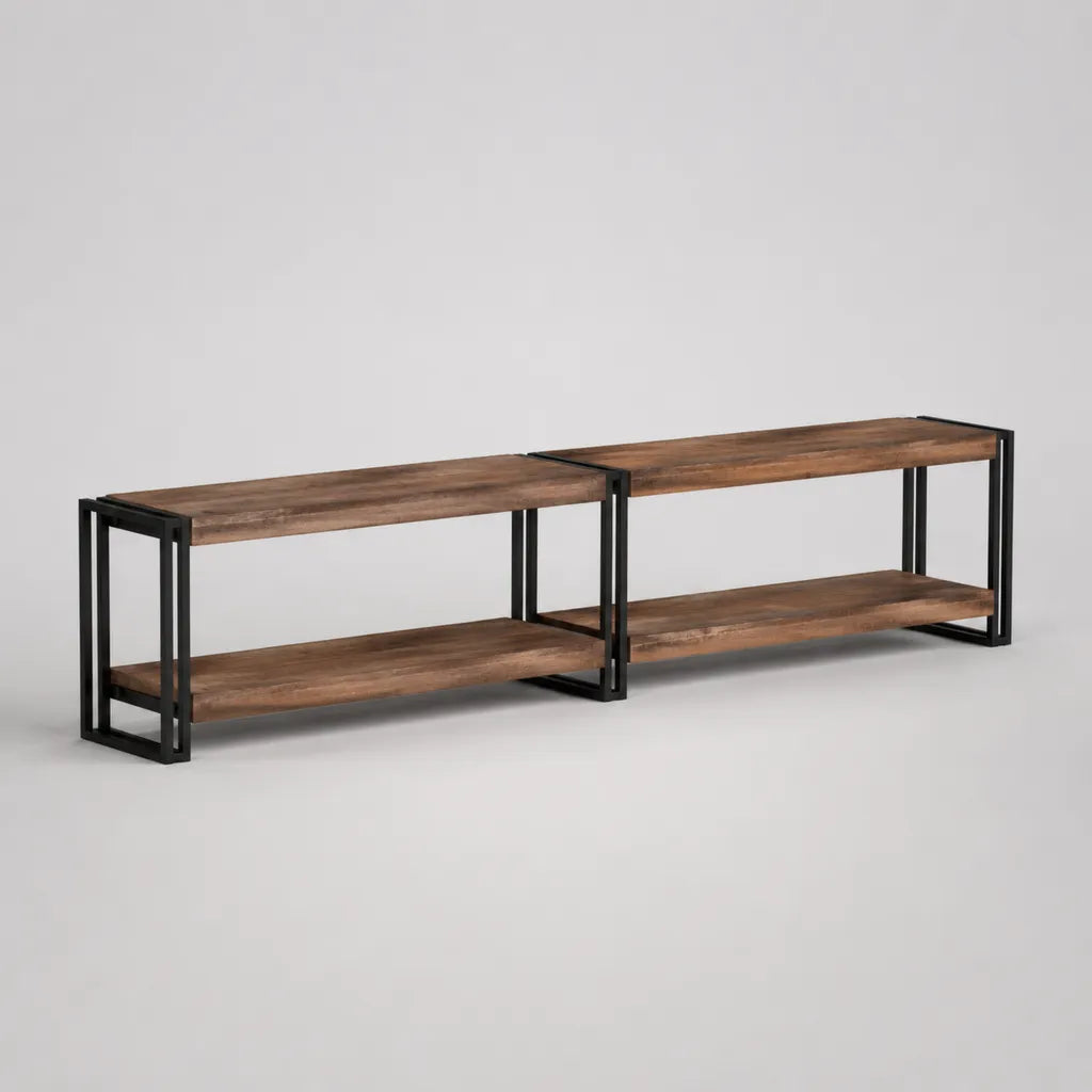 TV-Lowboard-Set, 2-teilig, aus Spanplatte und Stahl, Braun/Schwarz, je 110 × 30 × 45 cm
