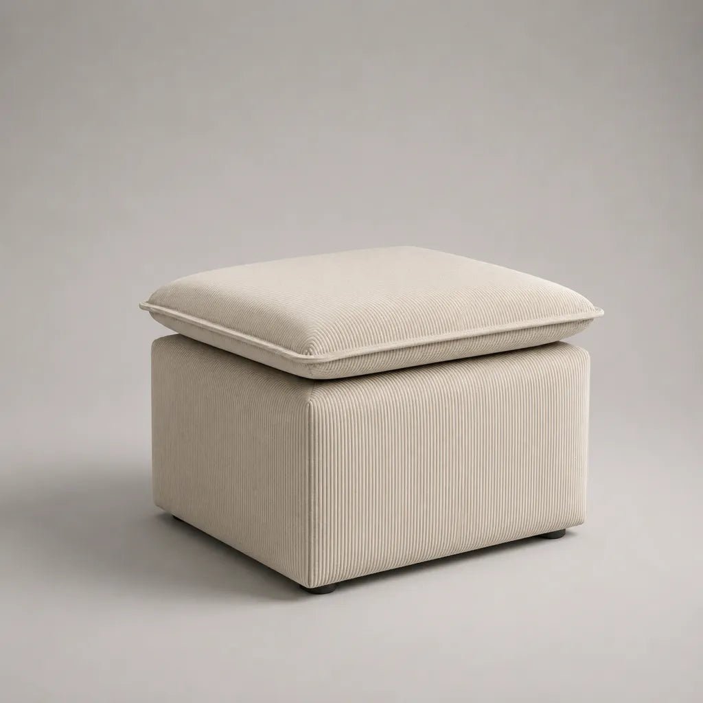 Quadratischer Fußhocker und Sitzhocker aus Polyester-Cord mit Schaumstoffpolster, Creme, 48 × 48 × 46 cm