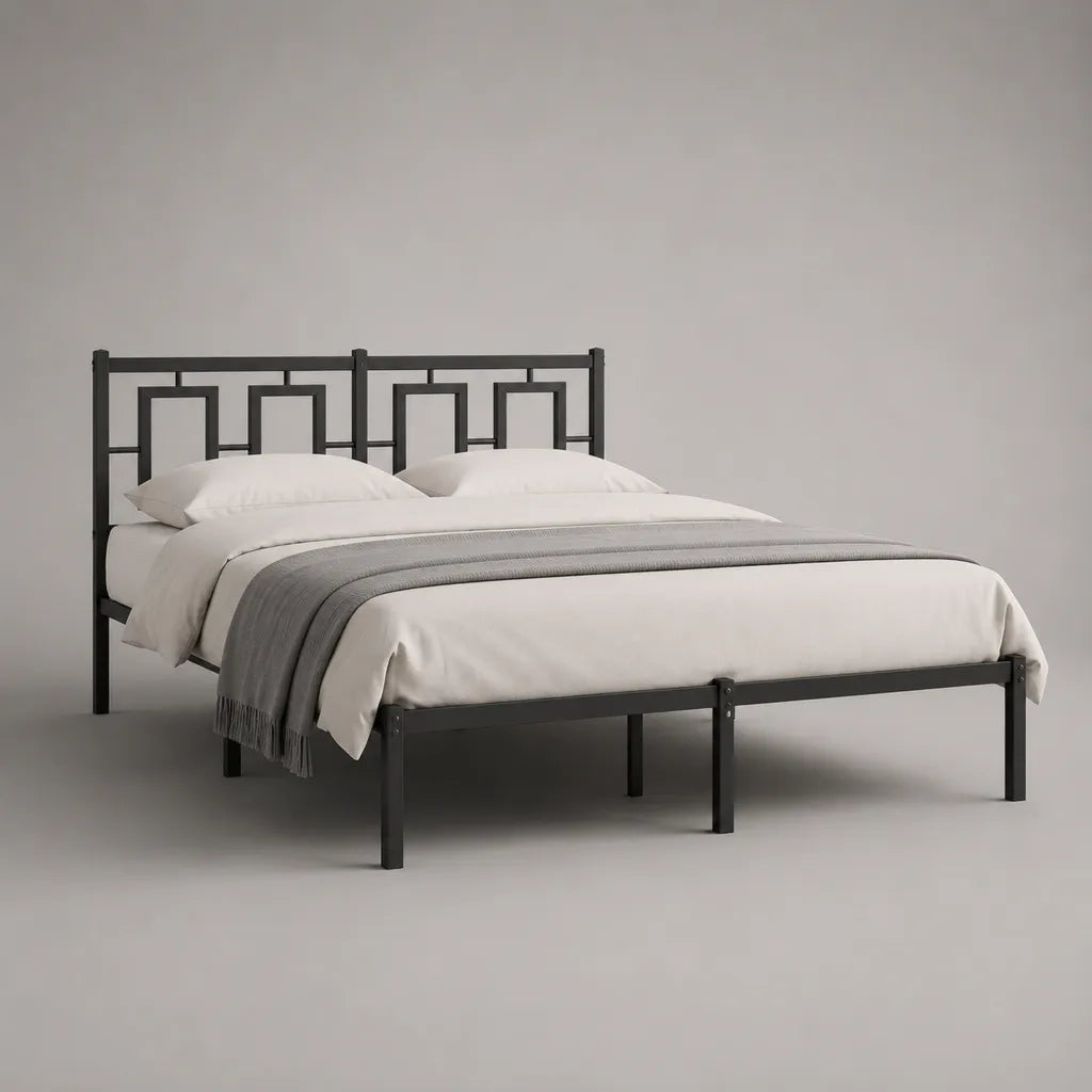 Metall-Doppelbettgestell aus pulverbeschichtetem Stahl mit Kopfteil, Schwarz, 160 × 200 cm