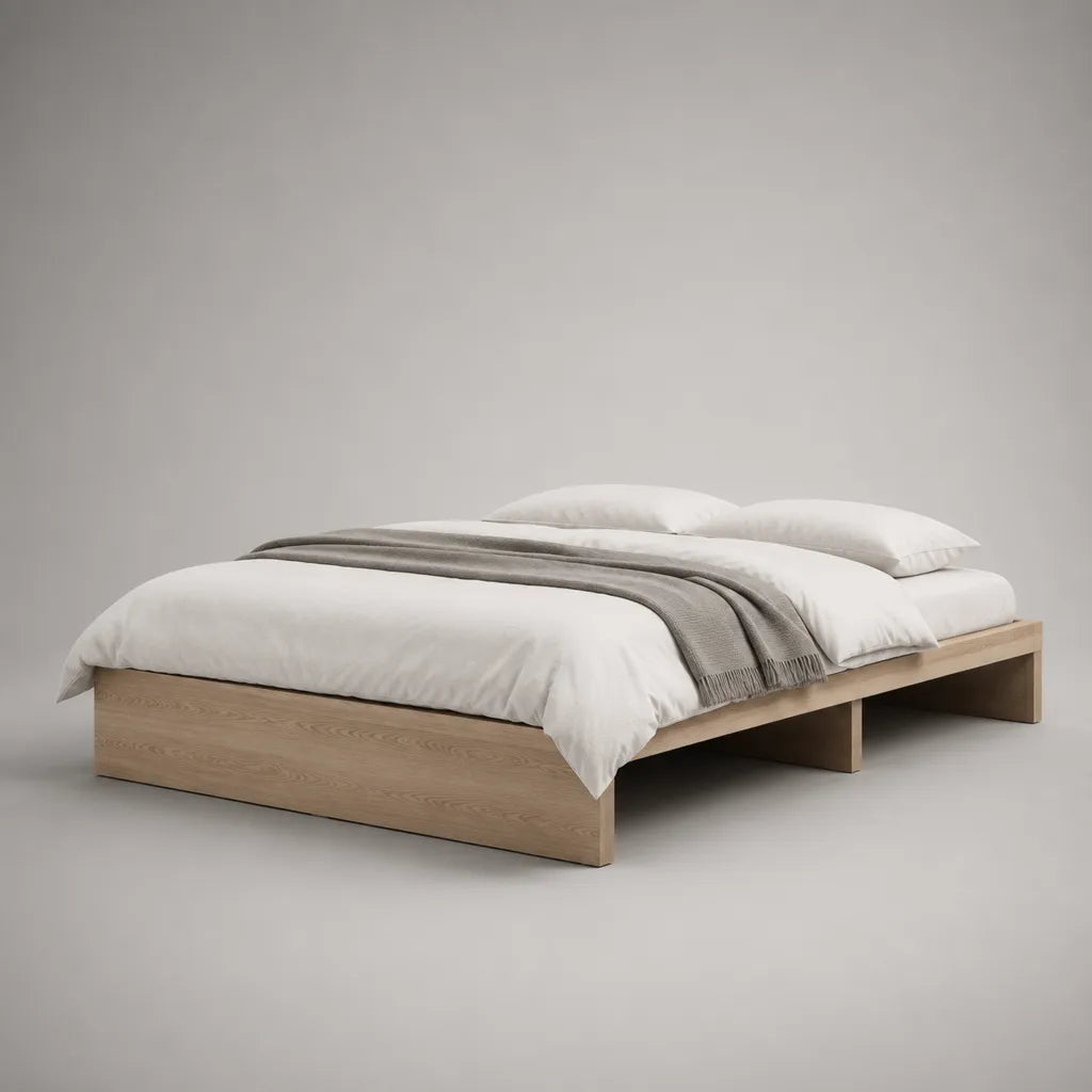 Doppelbett-Bettgestell mit Lattenrost aus Holzwerkstoff mit Eichenfurnier, Naturbeige, 160 × 200 cm