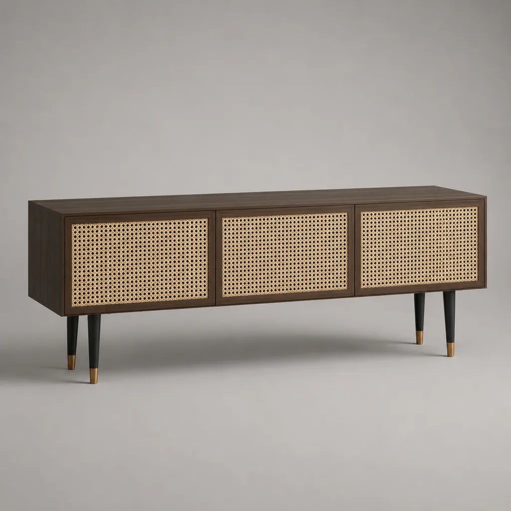 Fernsehunterschrank mit 3 Türen, Rattangeflecht, MDF und Stahl, Dunkelbraun/Natur, 160 × 40 × 60 cm