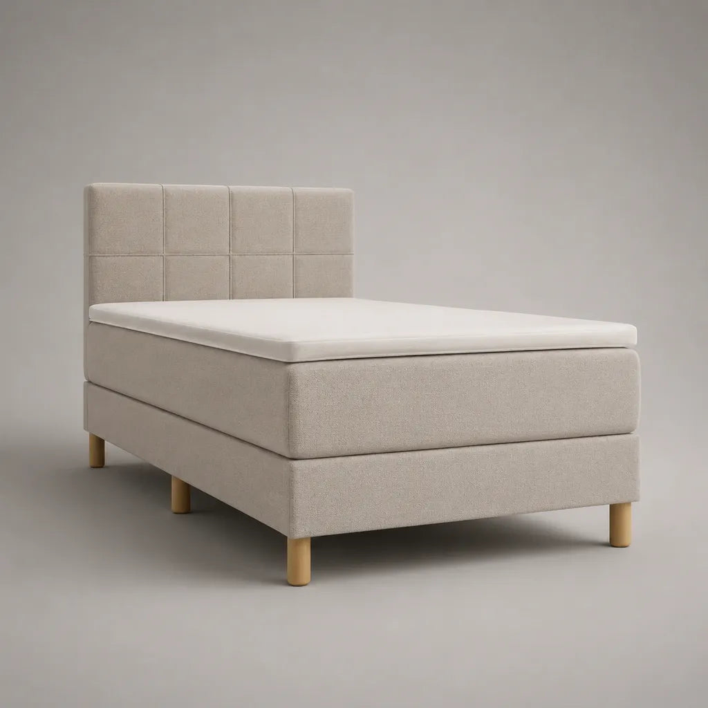 Boxspring-Einzelbett mit Taschenfederkernmatratze und Topper, Polyester-Strukturgewebe, Beige/Naturfarben, Liegefläche 90 × 200 cm, Gesamtmaß 100 × 210 × 120 cm