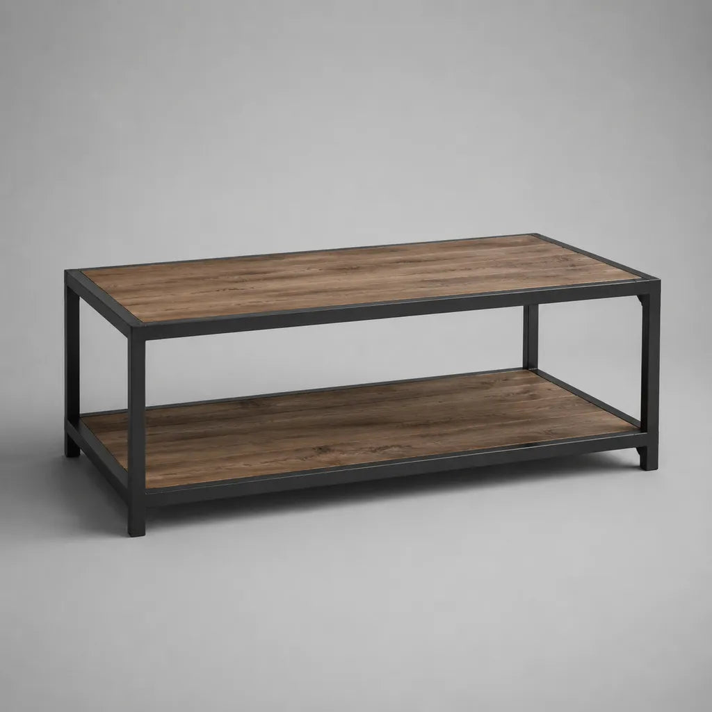 Rechteckiger Couchtisch aus MDF und Stahl, Braun/Schwarz, 100 × 55 × 45 cm, mit Ablage
