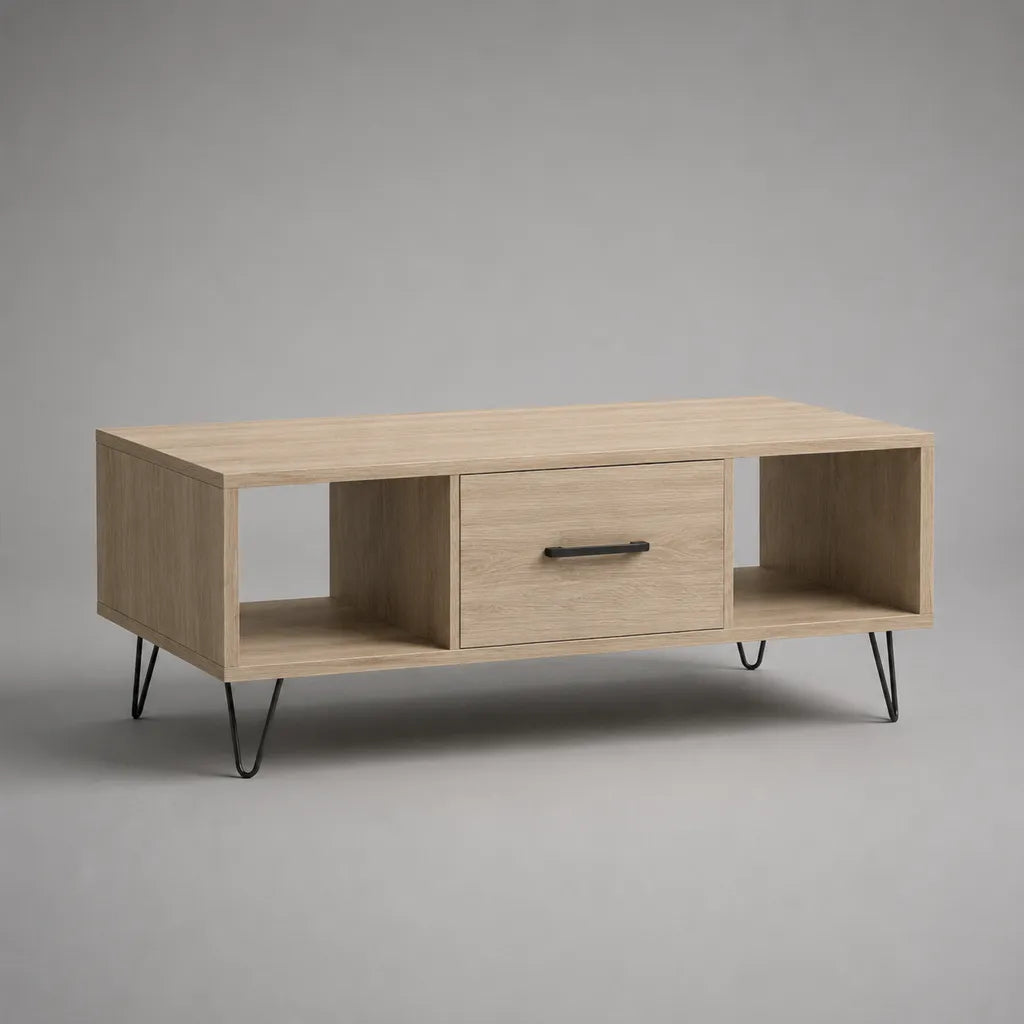 Rechteckiger Couchtisch aus Spanplatte mit Schublade, 2 offenen Fächern und Stahlbeinen, Hellbraun und Schwarz, 100 × 50 × 45 cm
