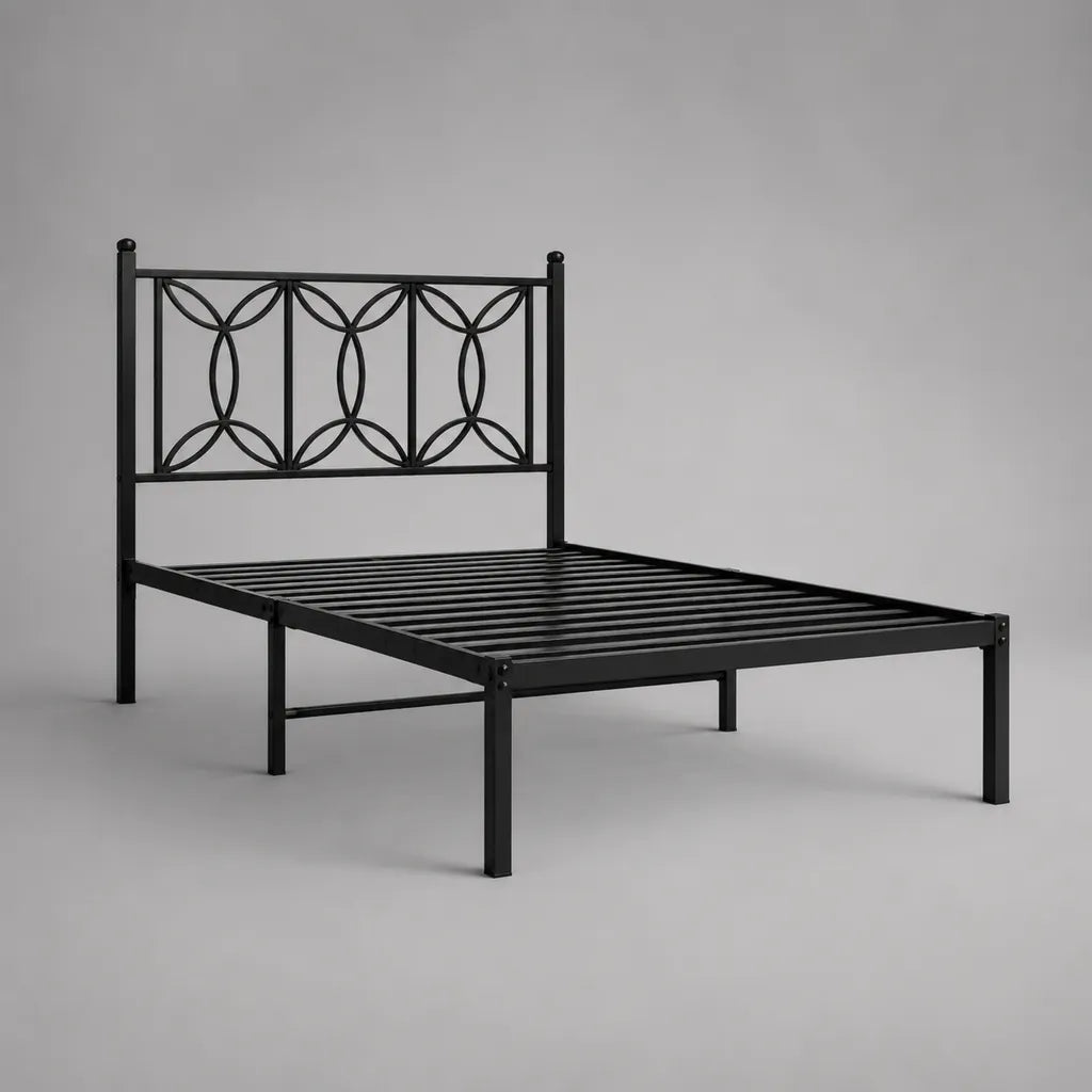 Metallbett mit Kopfteil und integrierter Matratzenauflage, Schwarz, Liegefläche 140 × 200 cm, Gesamtmaß 205 × 145 × 110 cm