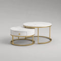 2-teiliges rundes Couchtisch-Set mit Schublade, MDF in Marmoroptik und Stahlgestell, Weiß/Gold/Grau, Ø 80 × H 45 cm und Ø 60 × H 38 cm