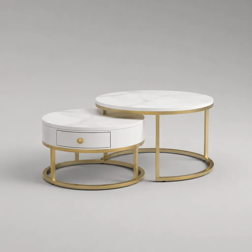 2-teiliges rundes Couchtisch-Set mit Schublade, MDF in Marmoroptik und Stahlgestell, Weiß/Gold/Grau, Ø 80 × H 45 cm und Ø 60 × H 38 cm
