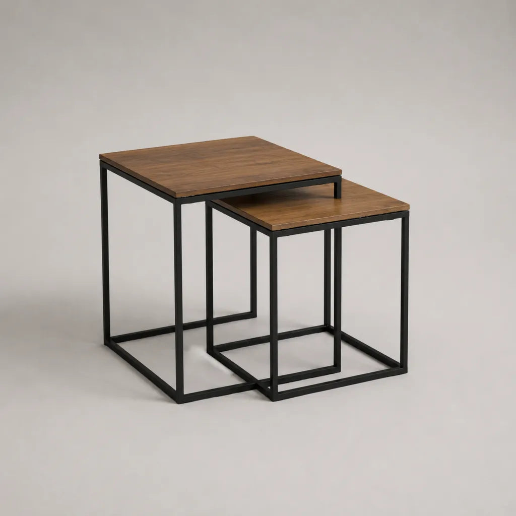 Couchtisch-Set aus MDF und Stahl, 2 quadratische Satztische, Walnussbraun/Schwarz, 50 × 50 × 50 cm und 40 × 40 × 40 cm