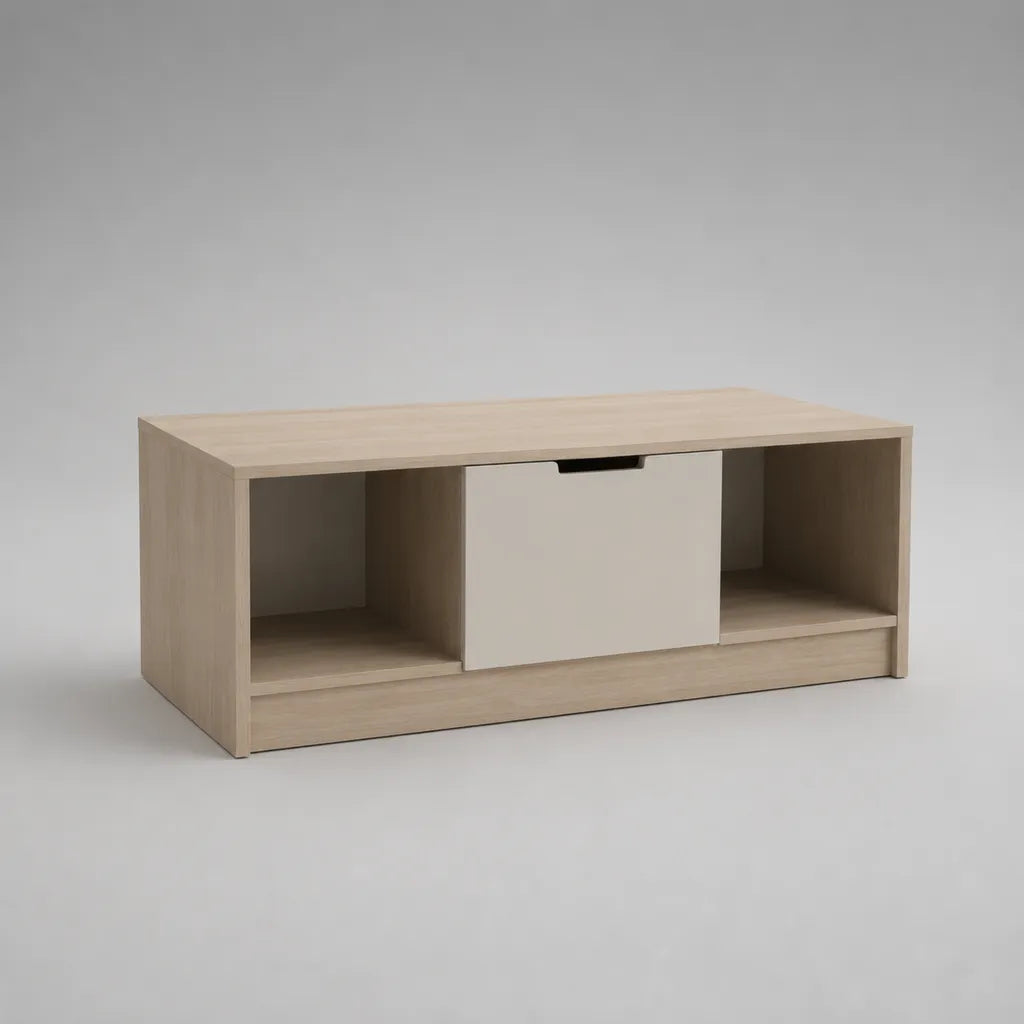 Rechteckiger Couchtisch aus Holz mit Stauraum und Klappe, helle Eichenoptik und Beige, 100 × 50 × 45 cm