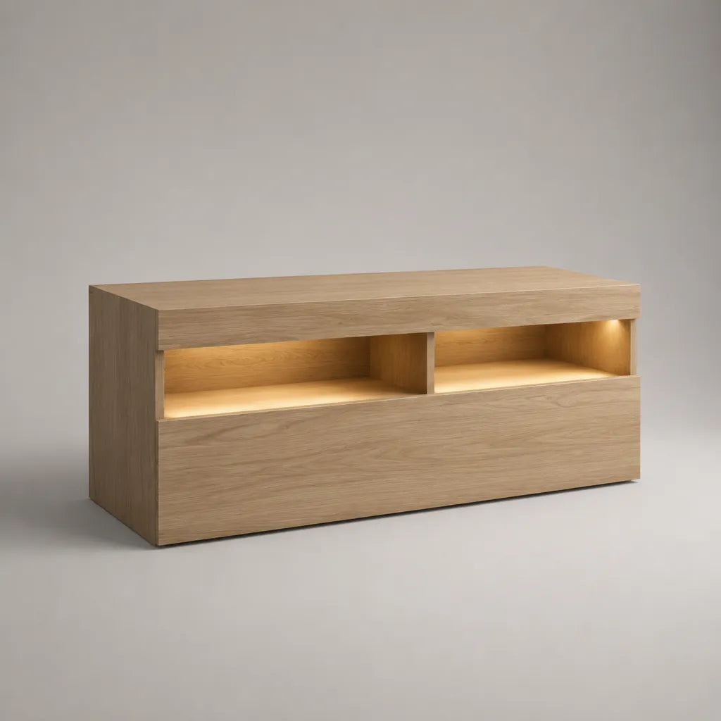TV-Lowboard aus MDF mit Eichenfurnier und LED-Beleuchtung, Natur, 120 × 40 × 55 cm