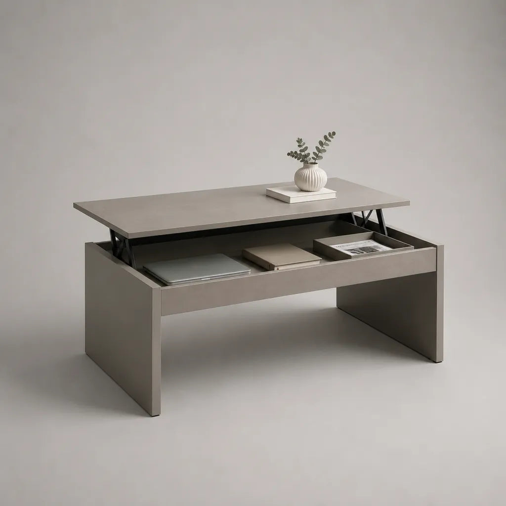 Rechteckiger Couchtisch mit Liftfunktion aus melaminbeschichteter Spanplatte und Stahl, Taupe/Schwarz, 100 x 50 x 45–58 cm
