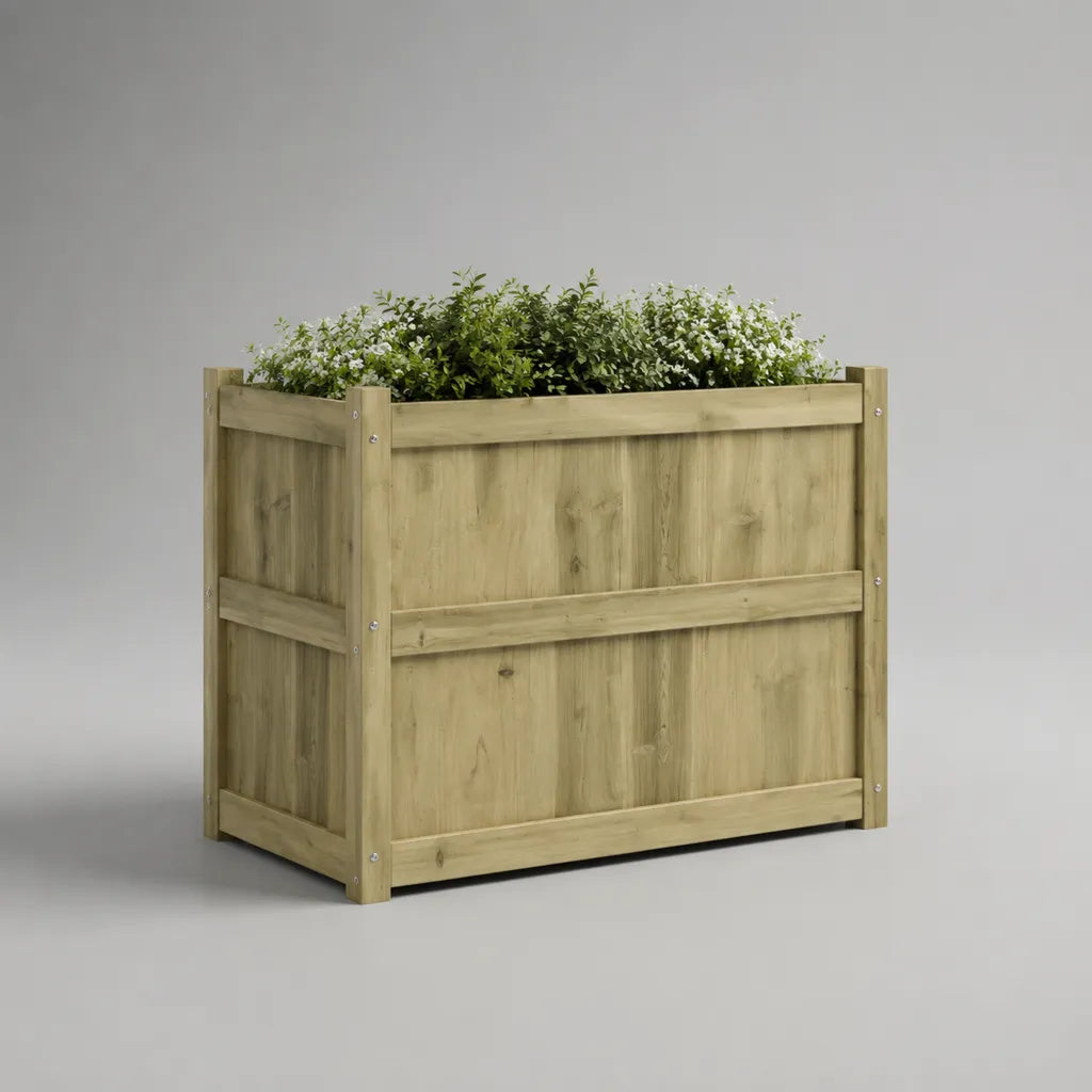 Rechteckiger Pflanzkasten aus Holz, hellbraun mit grünlichem Farbton, 120 × 60 × 90 cm