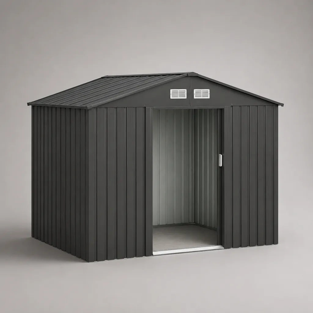 Metallgerätehaus aus verzinktem Stahl mit Doppelschiebetür und Satteldach, Anthrazit/Silber, 257 × 205 × 178 cm